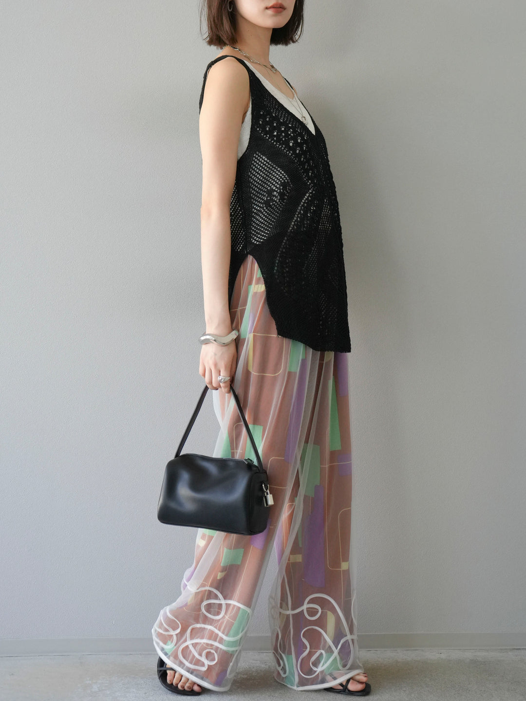 [予約]レーヨンフレックススラブレトロ柄ストレートパンツ/ブラウン