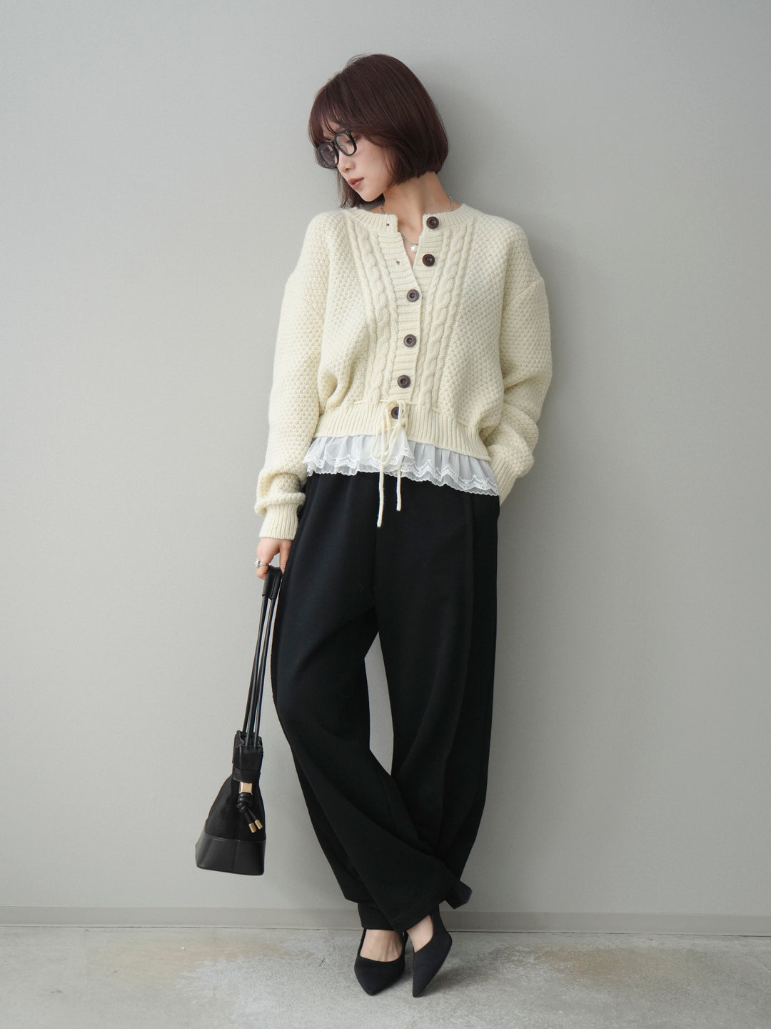[SET]裾レースケーブルニットカーディガン+2WAYデザインスウェットパンツ(2set)