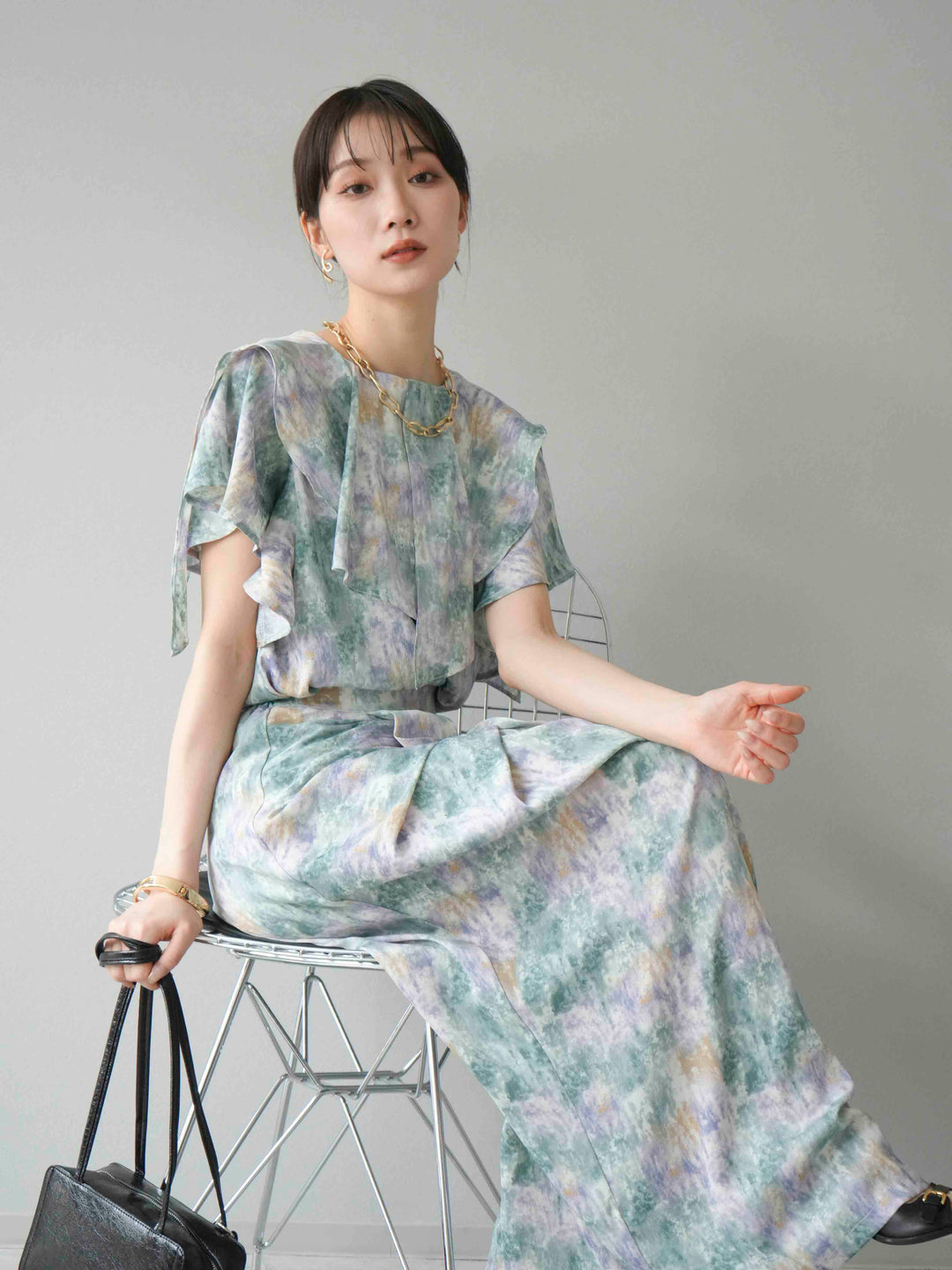 [予約]水彩アートラッフルカラーブラウス/グリーン