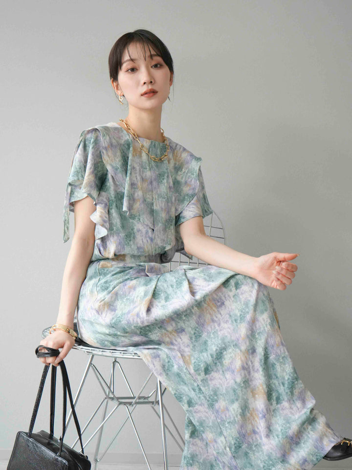 [予約]水彩アートラッフルカラーブラウス/グリーン