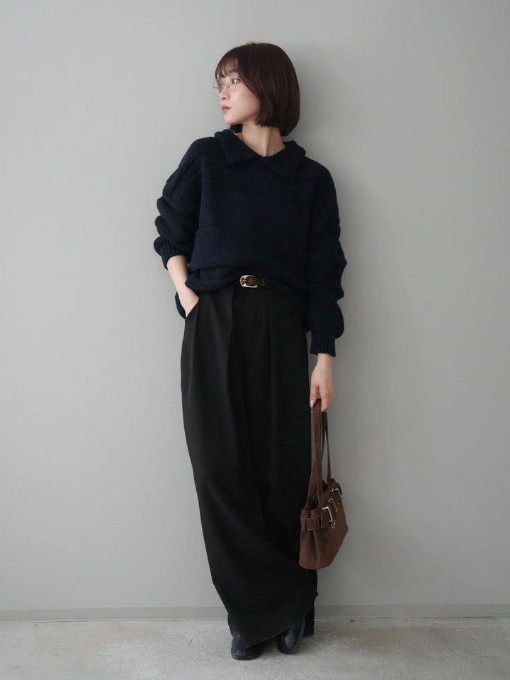 [SET]襟付きボーダー編みニットプルオーバー+ベルトループデザインワイドパンツ(2set)