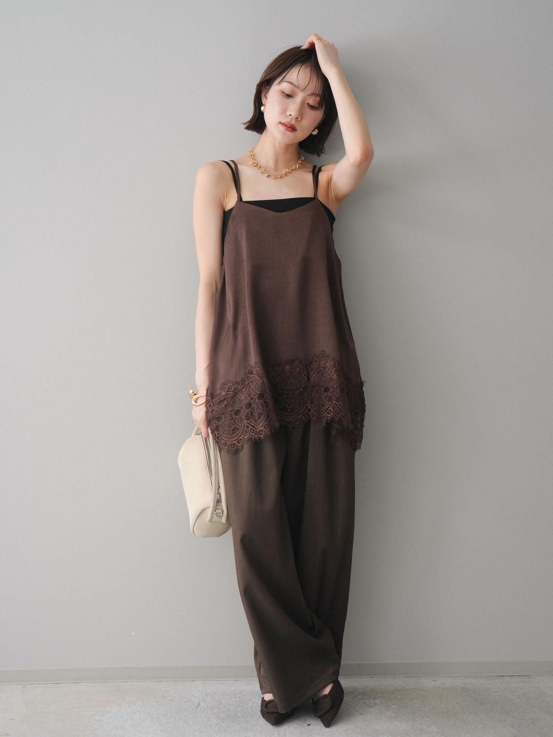 [予約]異素材ドッキングメニータックワイドパンツ/brown