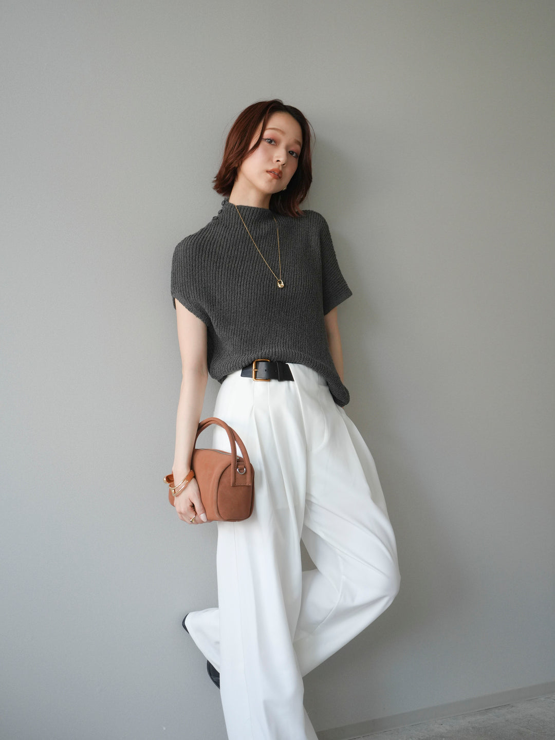 [SET]アシンメトリーローゲージニットトップス+アシンメトリーベルトタックワイドパンツ(2set)