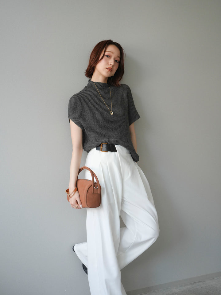 [SET]アシンメトリーローゲージニットトップス+アシンメトリーベルトタックワイドパンツ(2set)