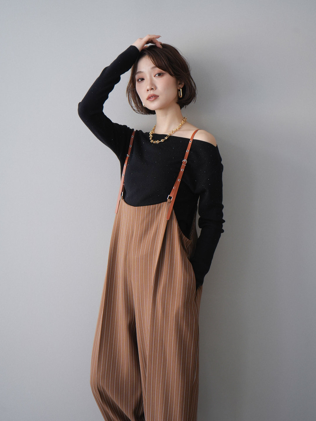 [予約]ヘリンボーンストライプサス付サロペット/goldbrown