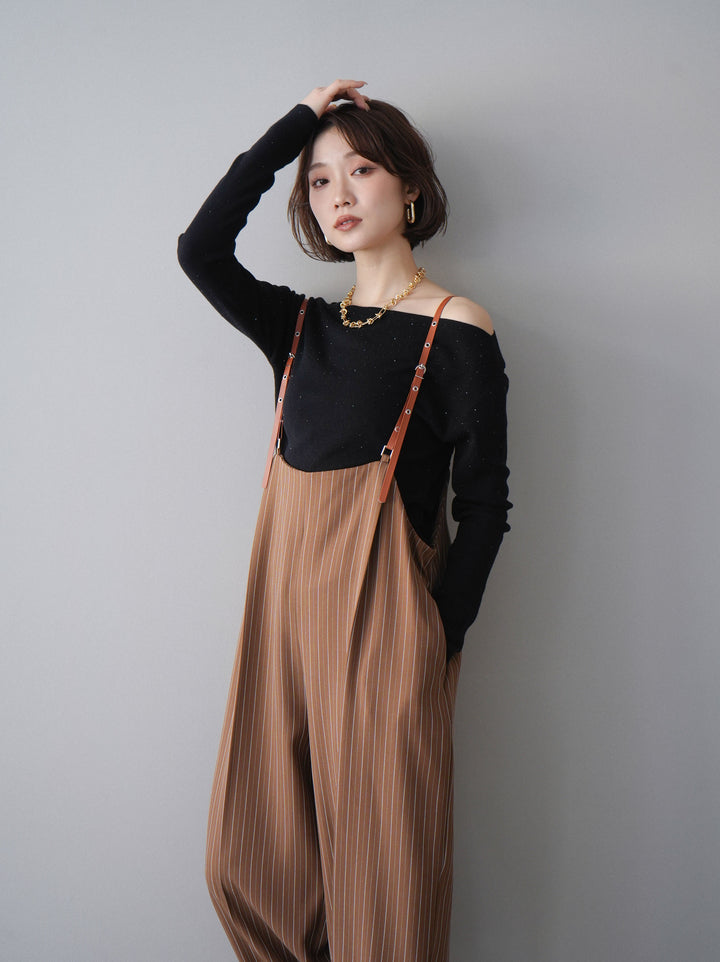 [予約]ヘリンボーンストライプサス付サロペット/goldbrown