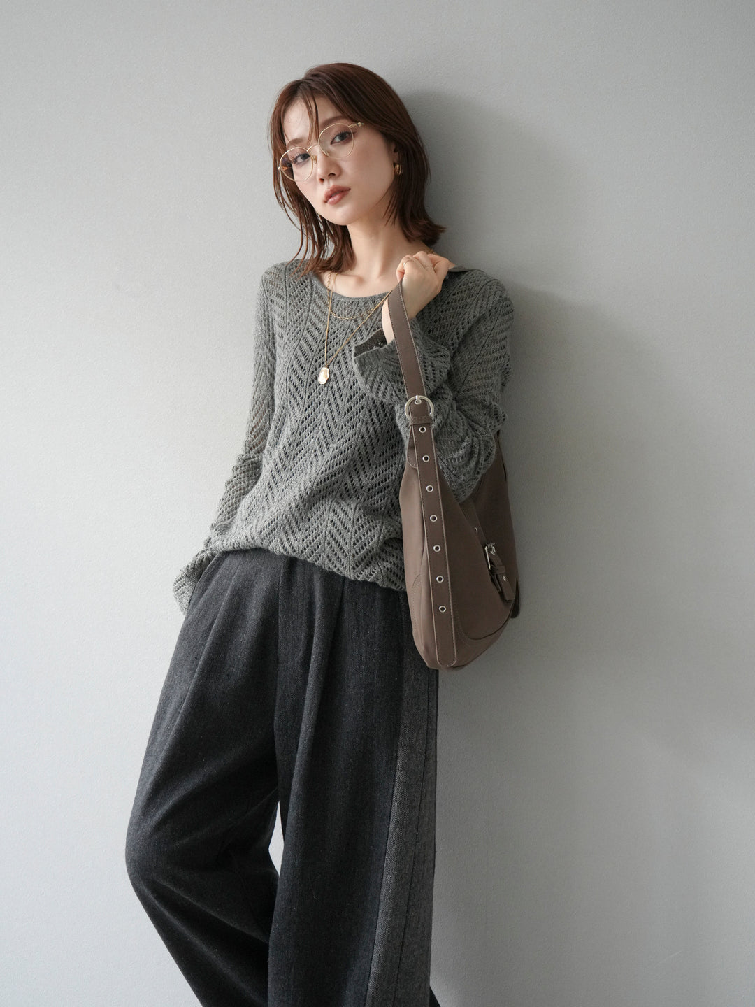 [予約]透かし編みニットトップス/グレー