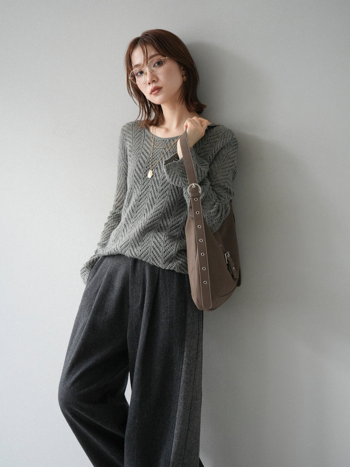 [予約]透かし編みニットトップス/グレー