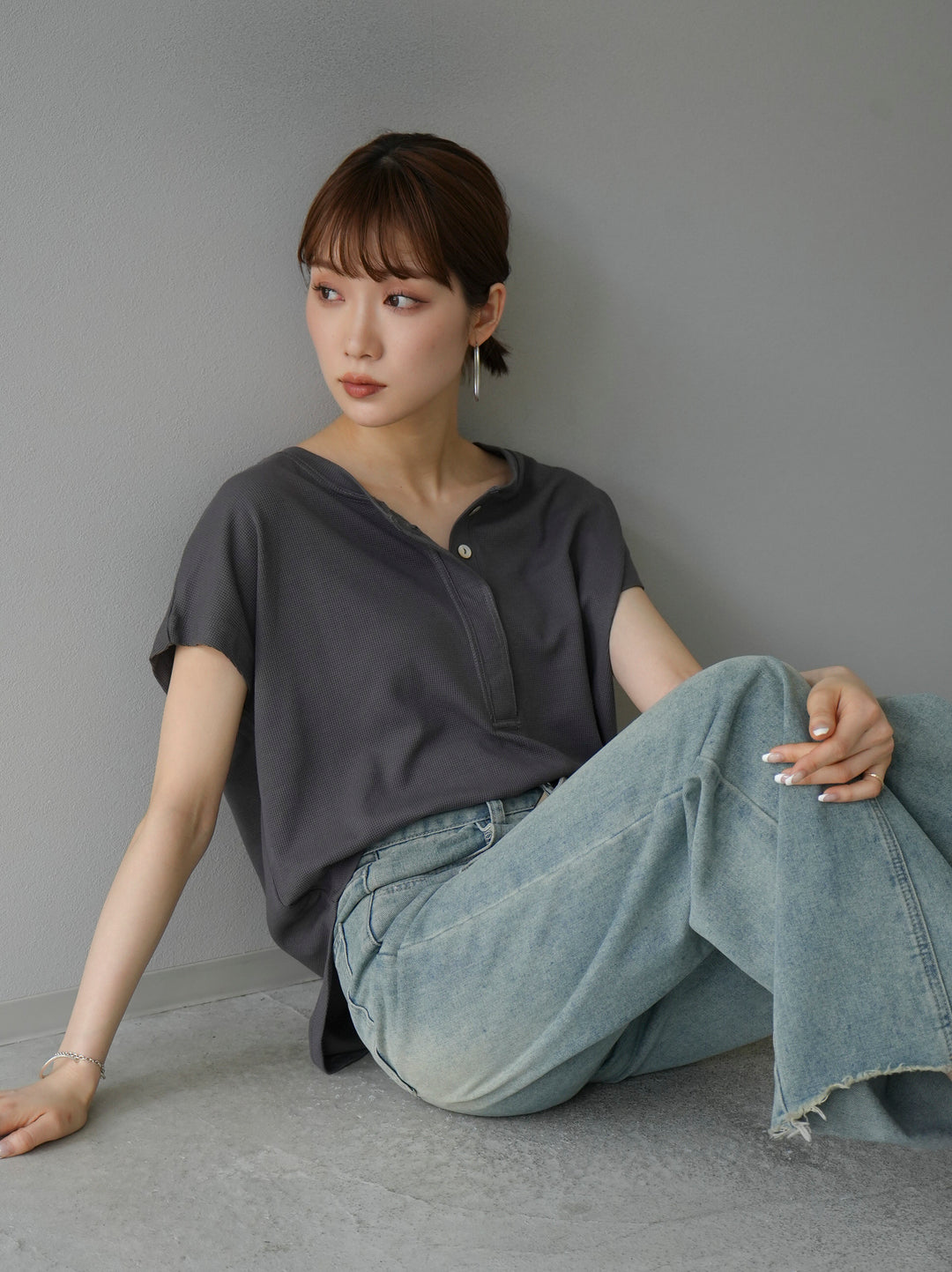 [Pre-order] Henley neck thermal top/charcoal