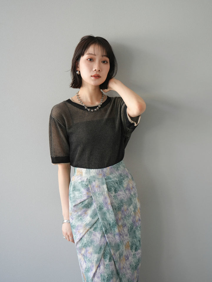 [SET]リネンタッチ配色二重臼ハーフニットトップス+選べるアソート柄スカートセット(2set)