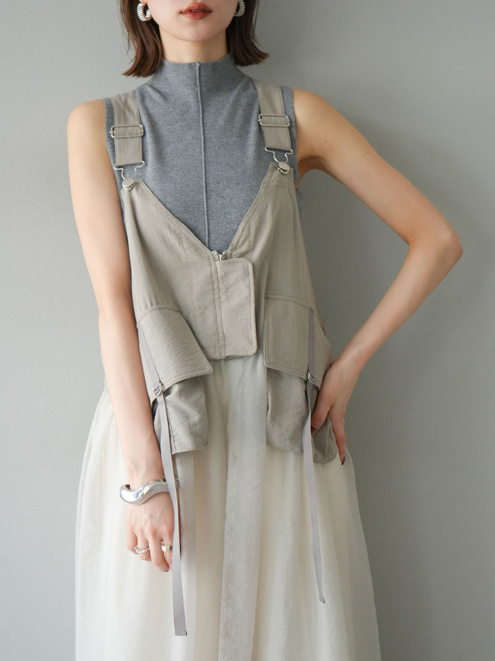 [SET] 戰術背心歐根紗洋裝 + 麻質寬鬆寬褲 (2 件套)
