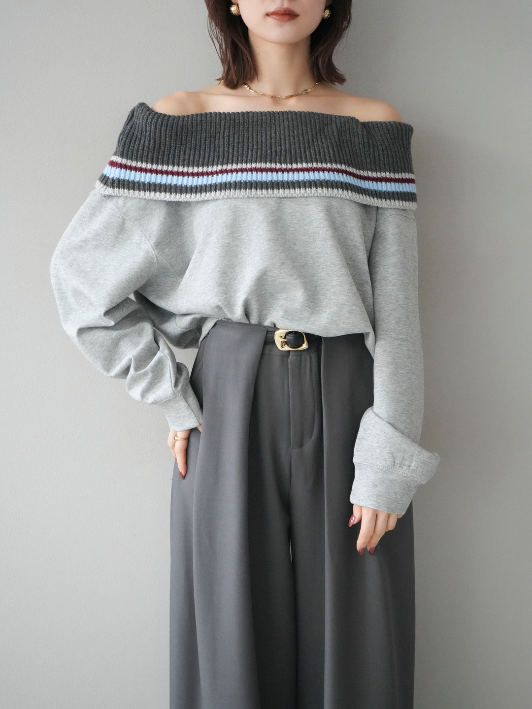 [予約]ボーダーニットオフショルダーxスウェットプルオーバー/gray