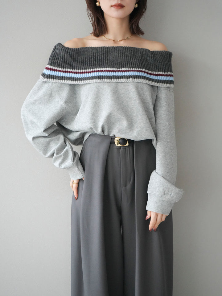 [予約]ボーダーニットオフショルダーxスウェットプルオーバー/gray