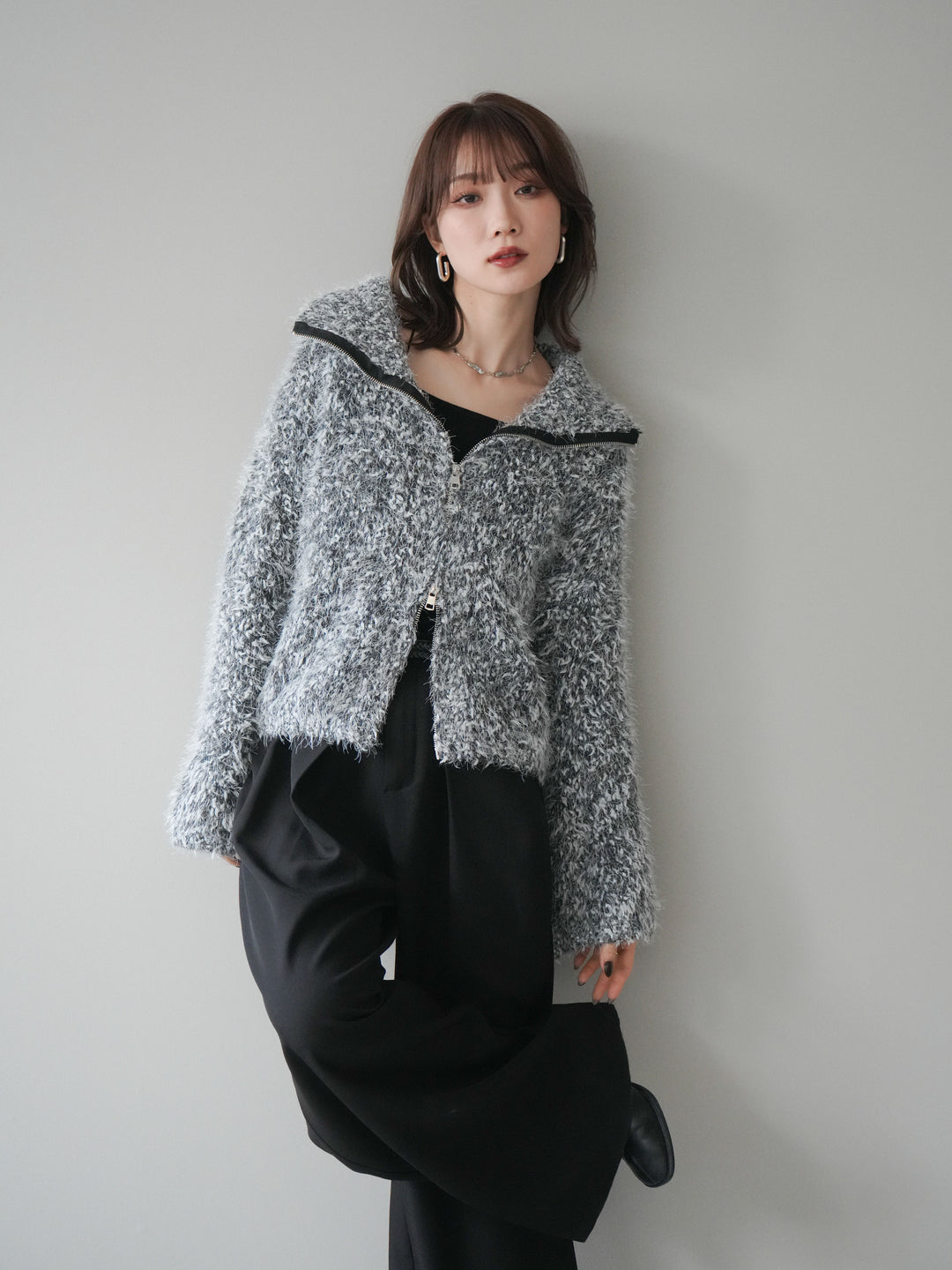 [予約]ミックスシャギージップニットカーディガン/black