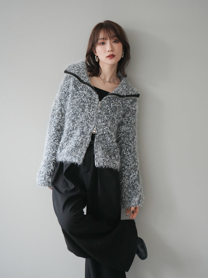 [予約]ミックスシャギージップニットカーディガン/black