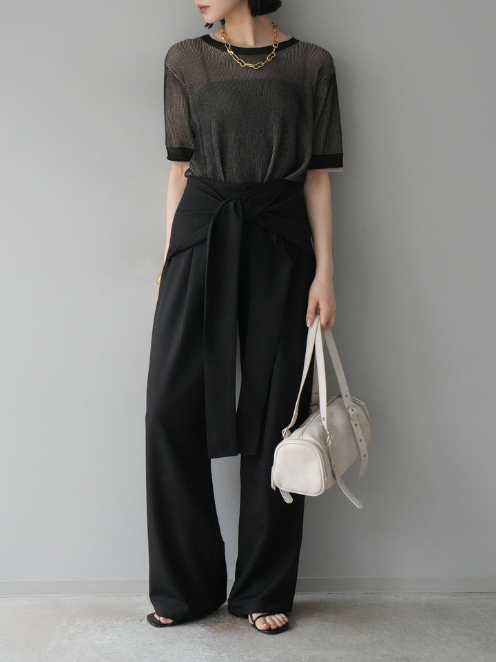 [SET]リネンタッチ配色二重臼ハーフニットトップス+ウエスト巻きデザインワイドパンツ(2set)
