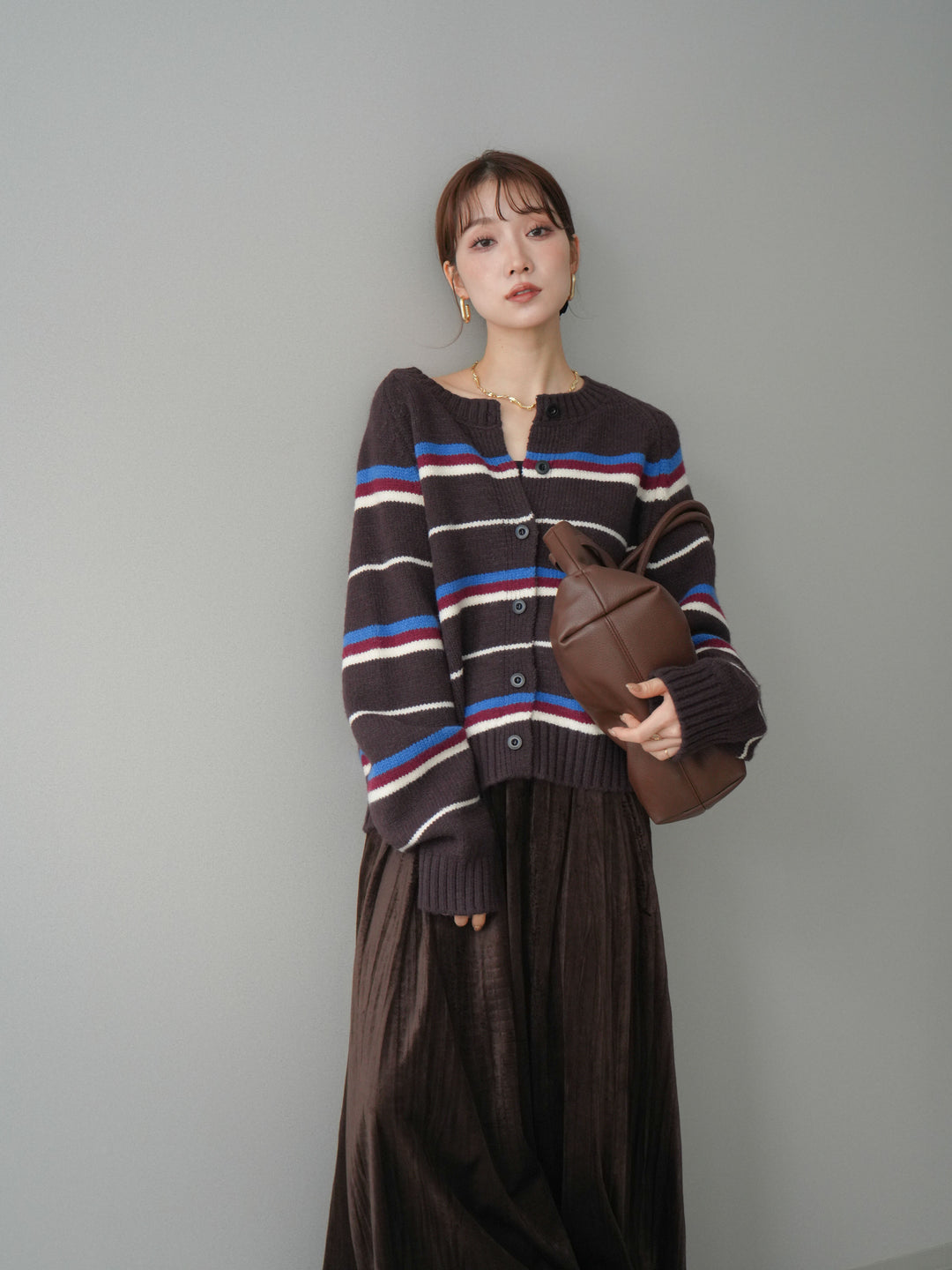 [予約]ランダムボーダーニットカーディガン/brown