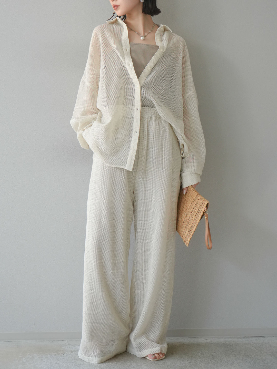 [預購] 棉質金銀絲網眼休閒褲/象牙白