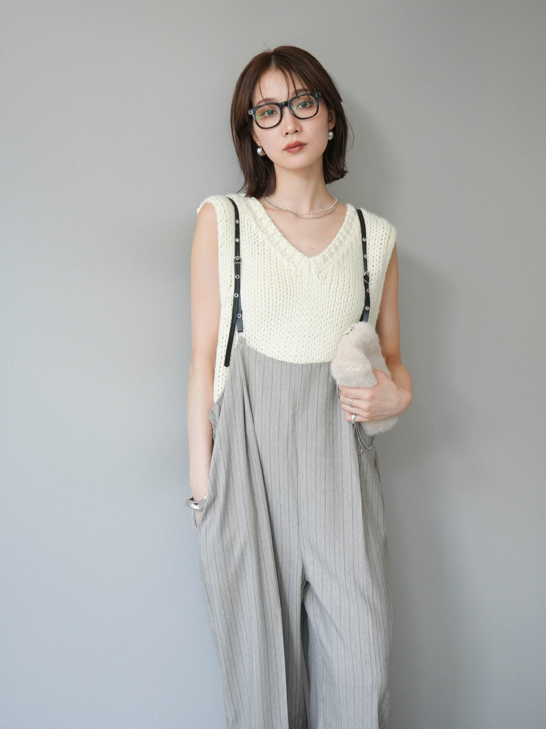 [予約]ヘリンボーンストライプサロペット/グレージュ