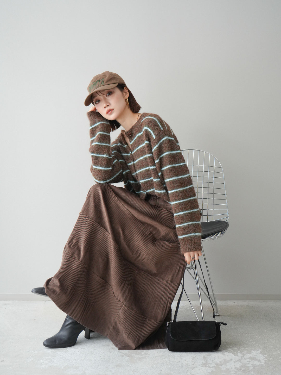 [予約]ボーダーシャギーニットカーディガン/brown