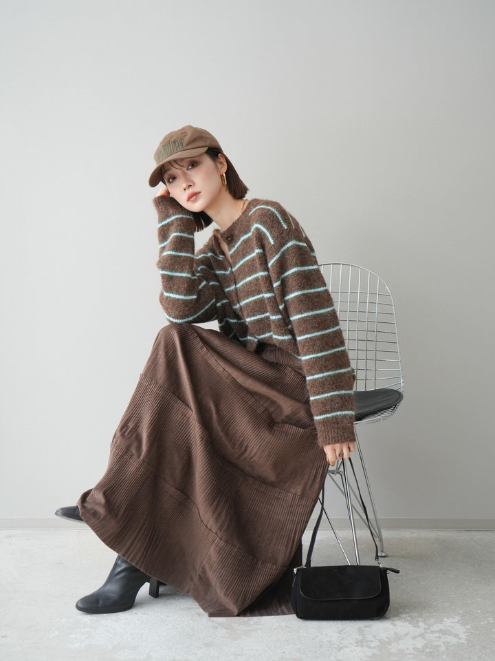 [予約]ボーダーシャギーニットカーディガン/brown