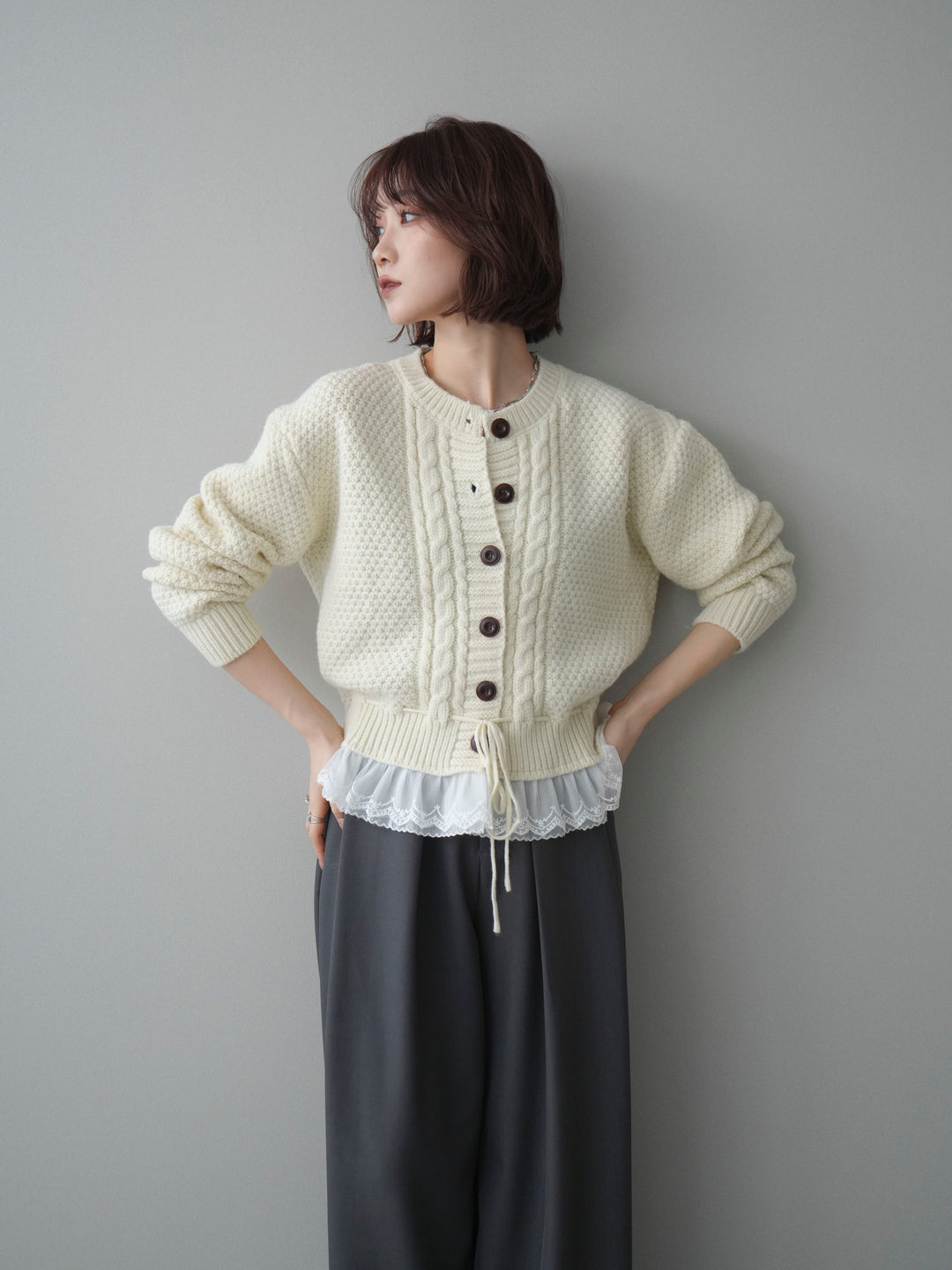 [予約]裾レースケーブルニットカーディガン/ivory