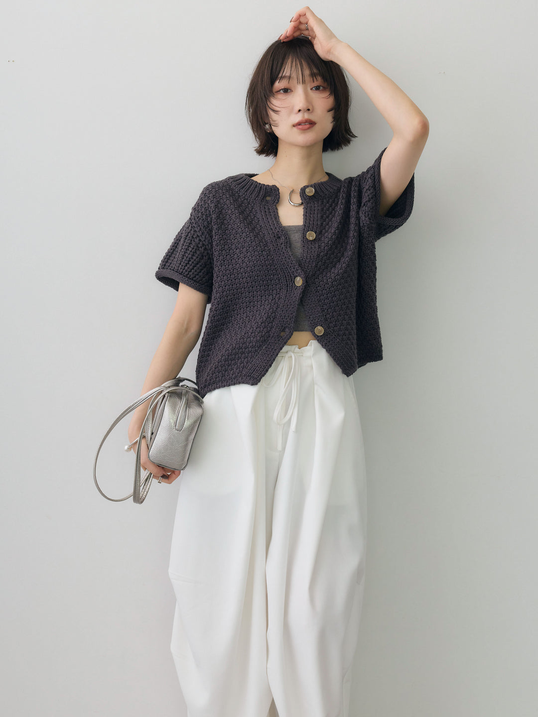 [予約]ローゲージハーフニットカーディガン/charcoal