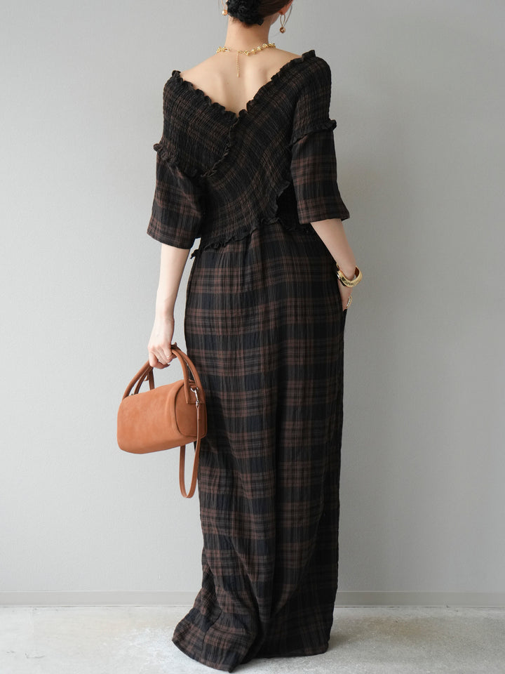 [予約]チェック柄ハーフスリーブシャーリングクロスサロペット/ブラウン