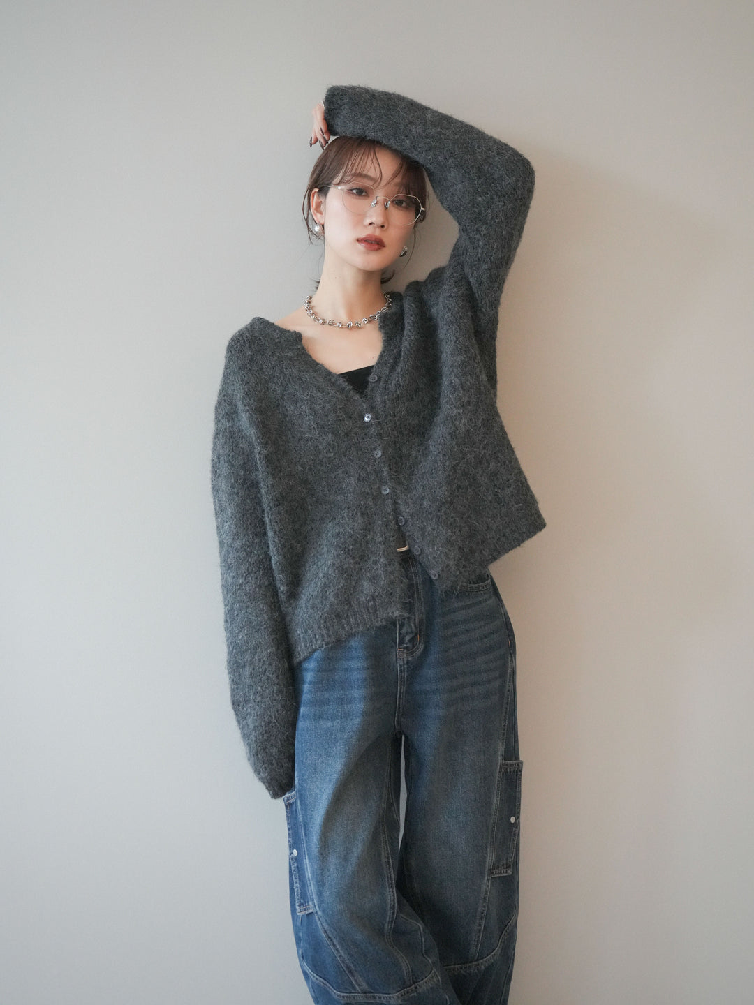 [SET]キーネックシャギーニットカーディガン+カーゴデザインコクーンデニムパンツ(2set)