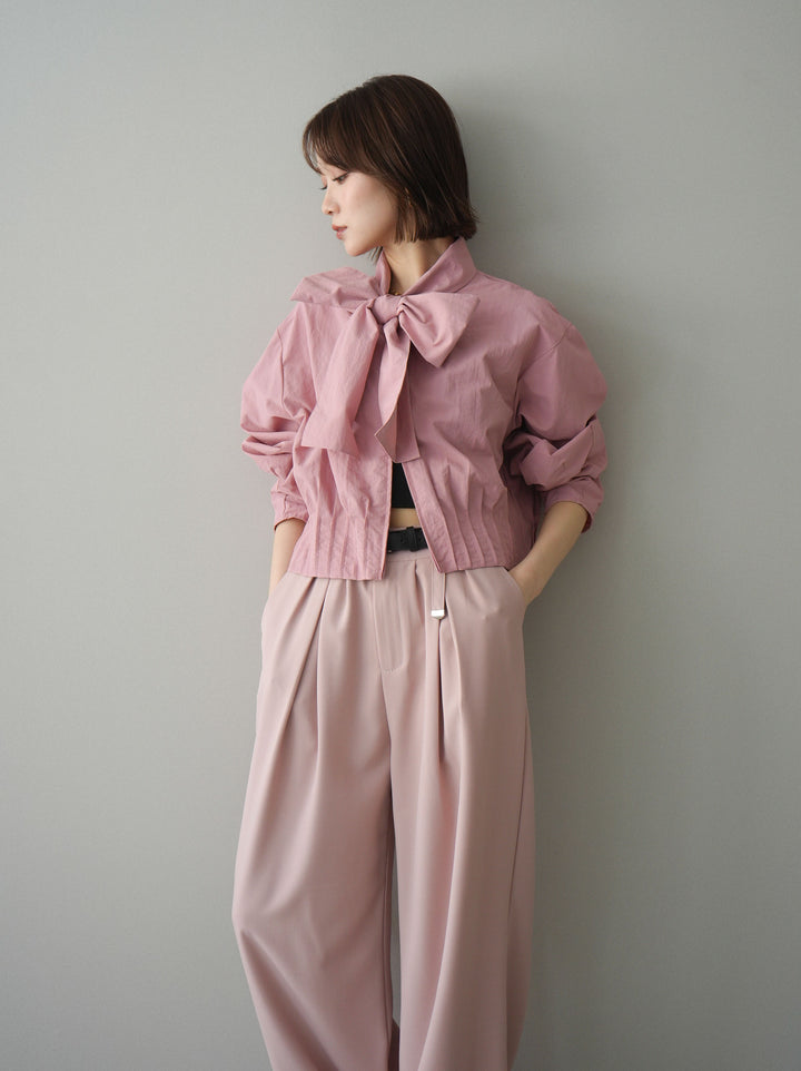 [SET]ボウタイ裾プリーツライトジャケット+ベルト付キーホルダーモチーフワイドパンツ(2set)