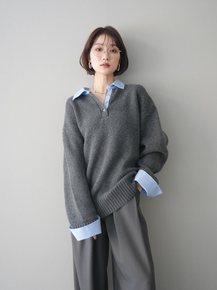 [予約]シャツドッキングオーバーニットプルオーバー/charcoalsax