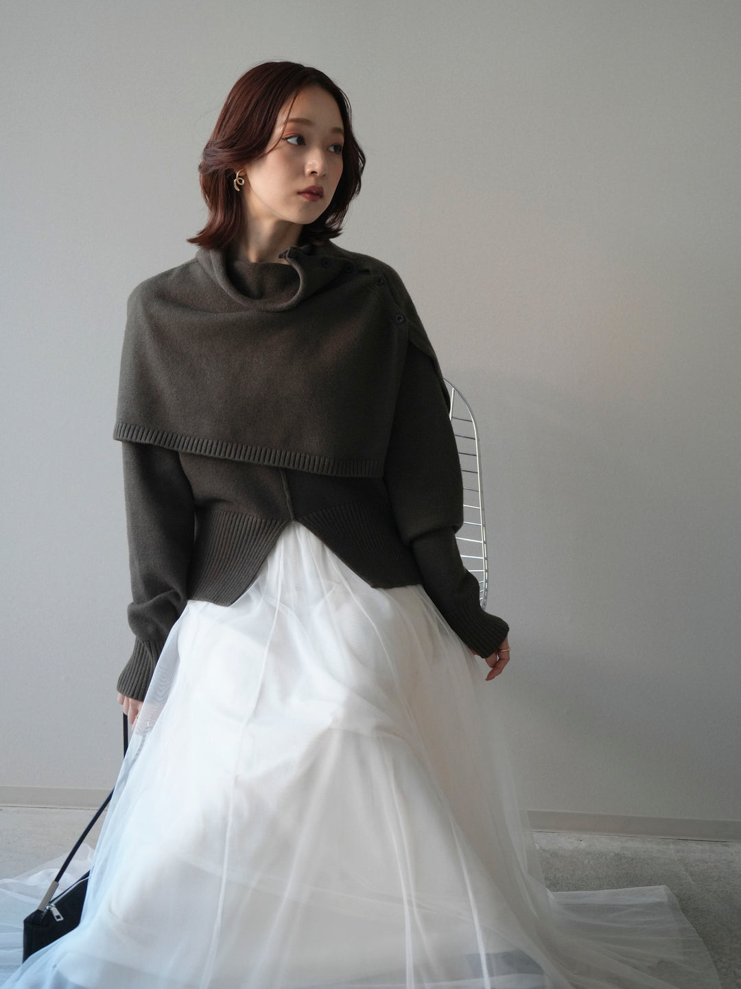 [予約]フロントスリットネックアンサンブルニット/khaki