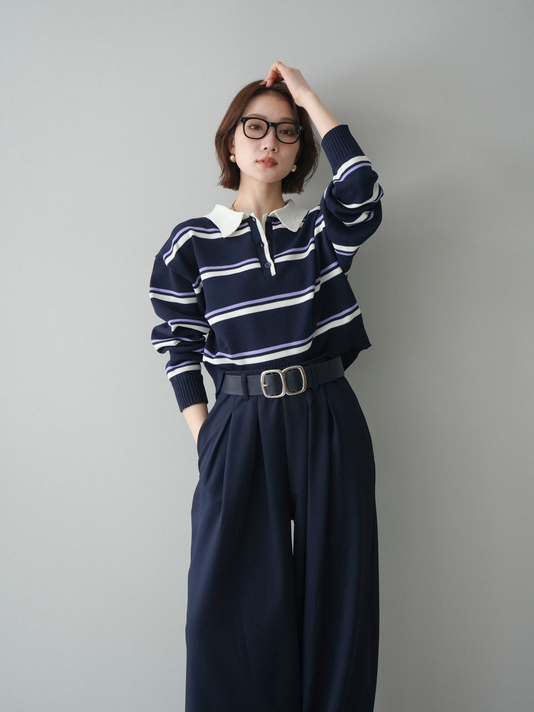 [予約]マルチボーダーポロニットトップス/navy