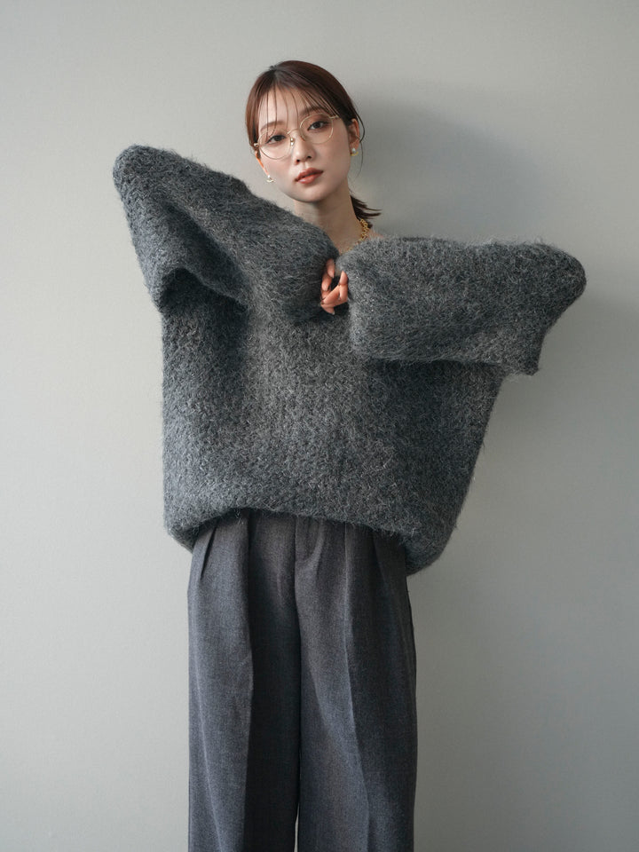 [予約]ウールタッチラメミックスヤーンVネックニットプルオーバー/charcoal