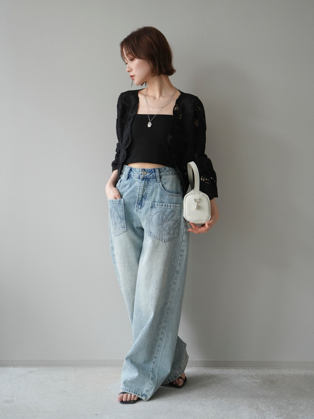 【套裝】3D蕾絲荷葉邊上衣+前口袋串珠闊腿牛仔褲（兩件套）