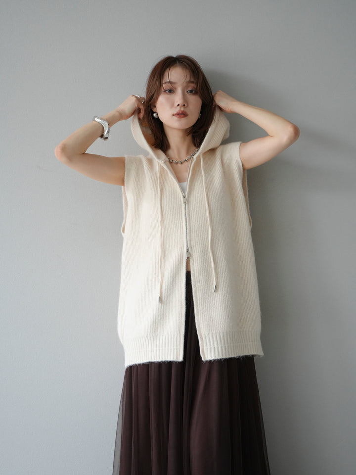 【預購】無袖針織連帽衫/象牙白