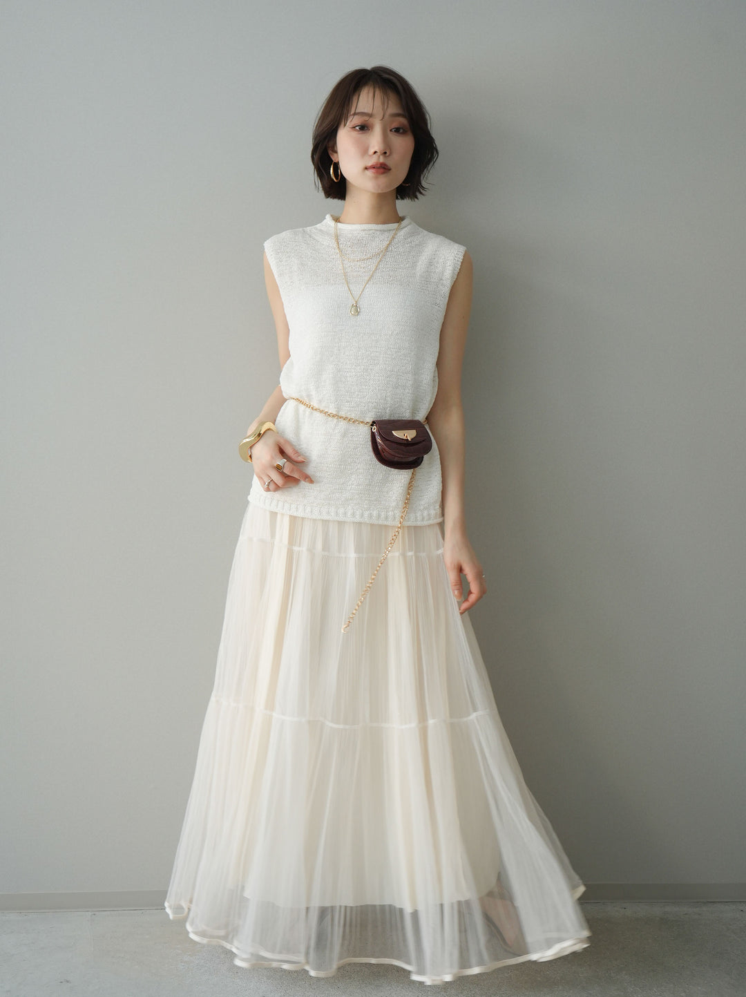 [予約]ラメプリーツレイヤードチュールロングスカート/ivory