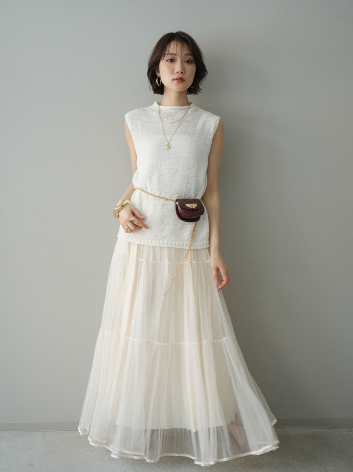 [予約]ラメプリーツレイヤードチュールロングスカート/ivory