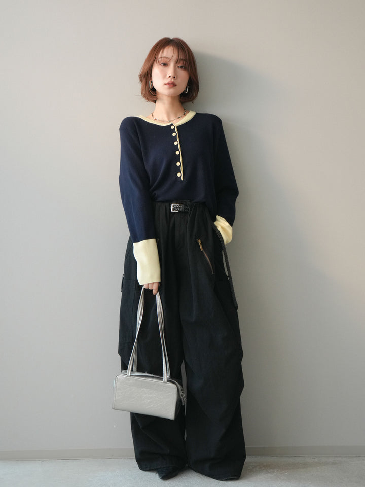 [SET]ヘンリーネック配色ニットソー+コットンタックループパンツ(2set)