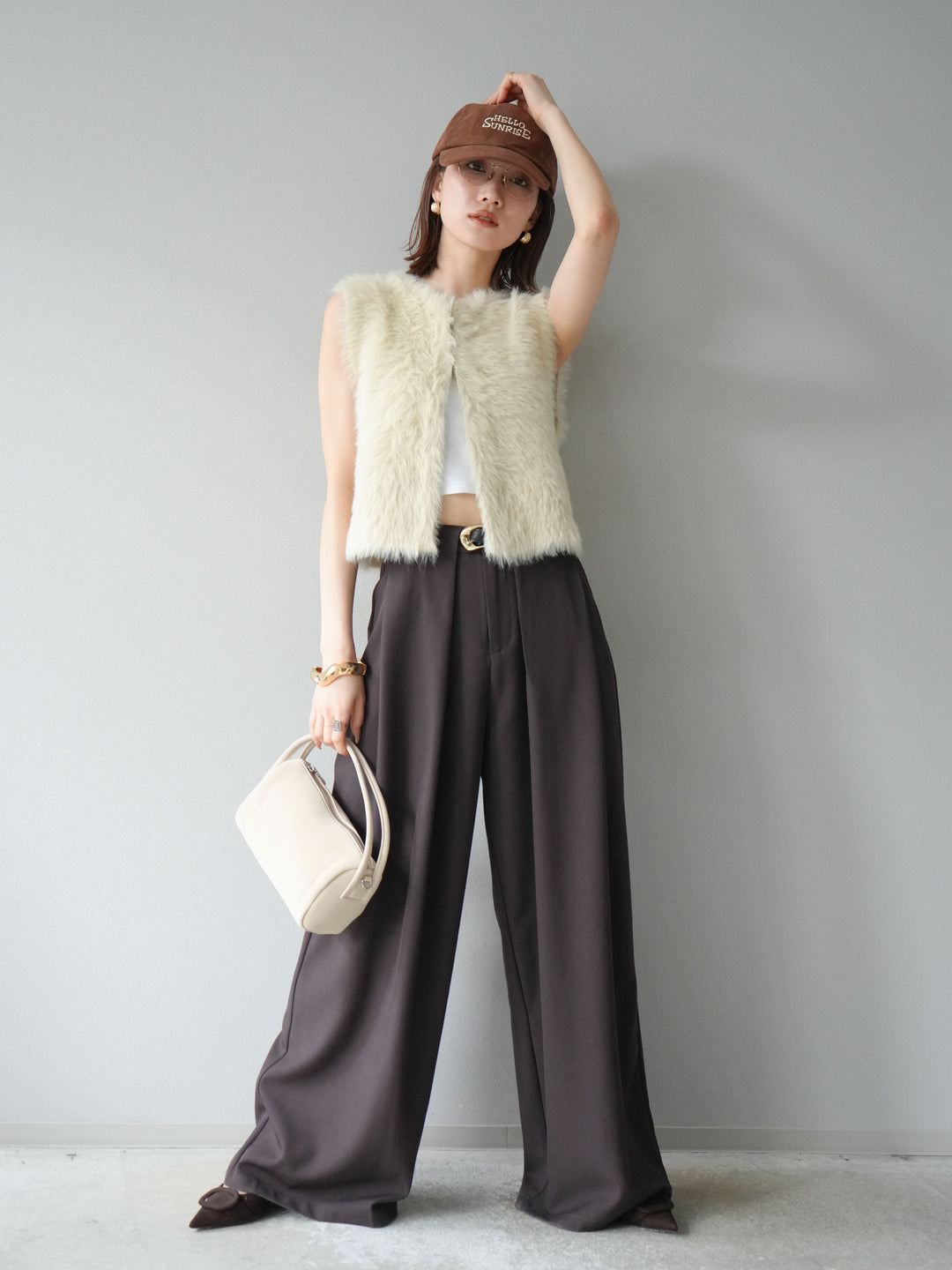 [予約]ミンクライク前後2WAYショートジレ/アイボリー