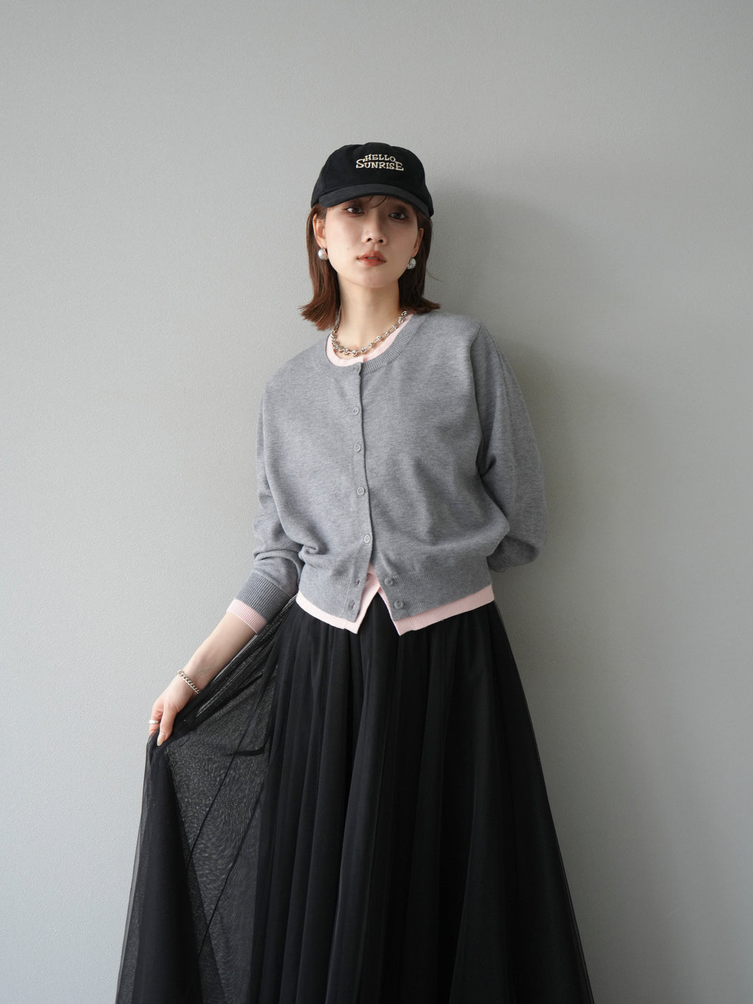 【預購】顏色協調的多層開襟衫/灰色