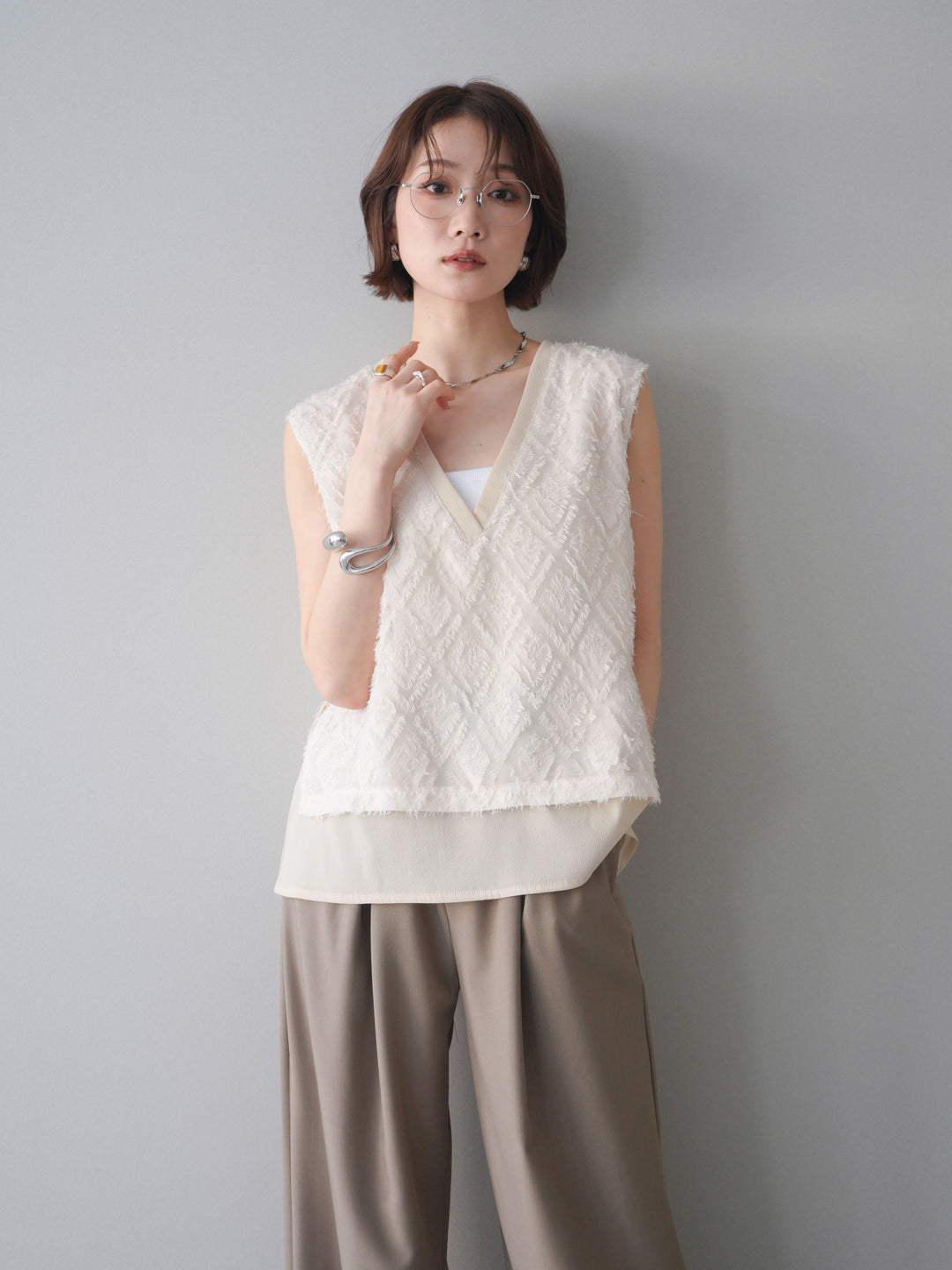 [SET]フリンジレイヤードVネックノースリーブ+フリンジレイヤードVネックノースリーブ(2set)