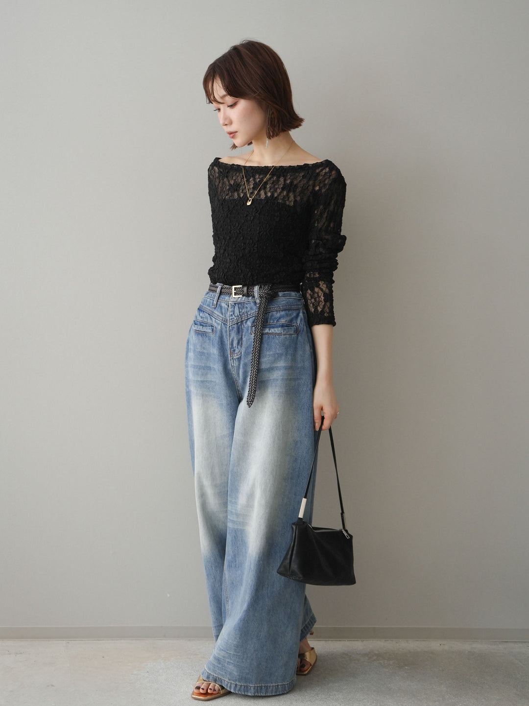 [SET]サイドギャザーレーストップス+フロントポケットサイドタックワイドデニム(2set)