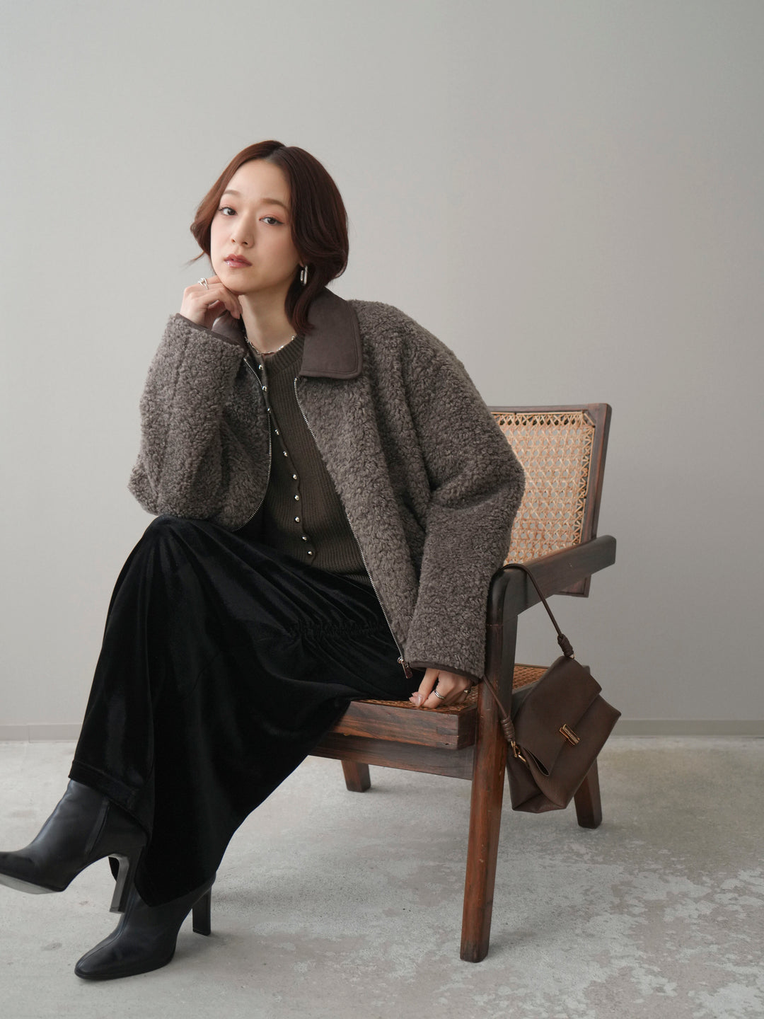 [予約]スエード襟ボアショートジャケット/brown