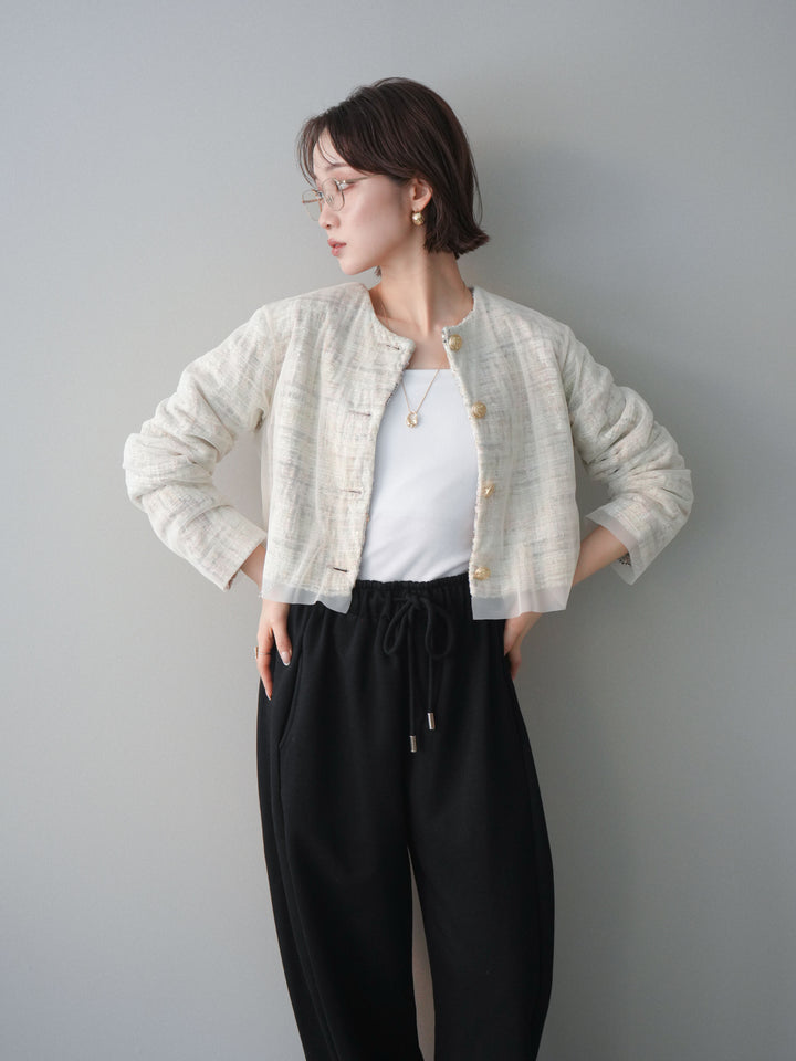 [SET]チュールレイヤードツイードクロップドジャケット+裾ZIPスエットワイドパンツ(2set)