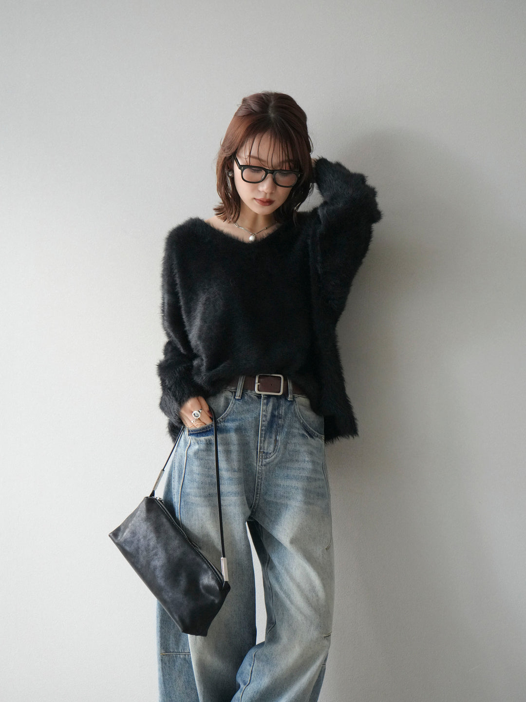 [予約]バックリボンVネックシャギーニットプルオーバー/black