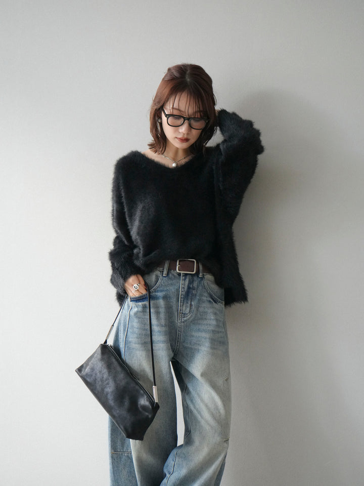 [予約]バックリボンVネックシャギーニットプルオーバー/black