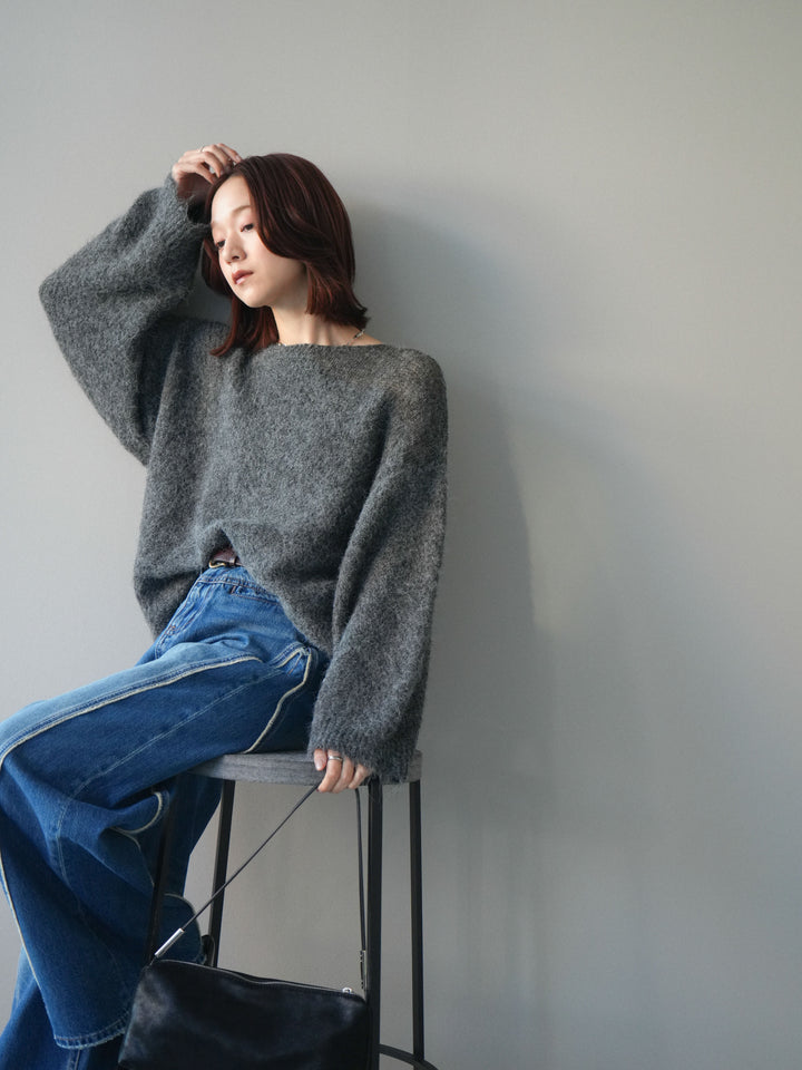 [SET]透かしデザインニットプルオーバー+サイドフリンジワイドデニムパンツ(2set)