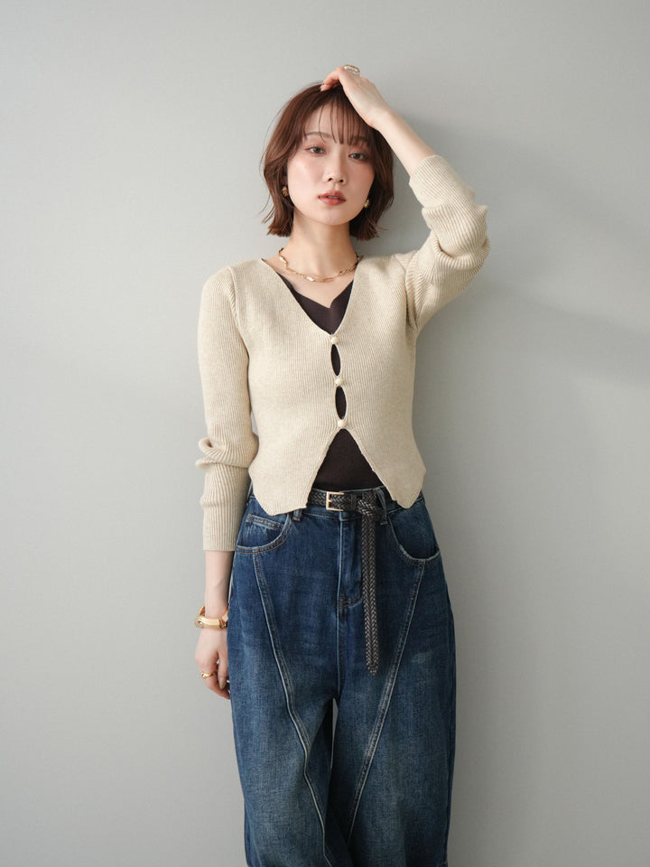 [予約]Vネック配色レイヤードスリットニットトップス/beige