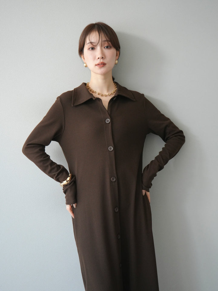 [予約]襟付きカットリブボタンワンピース/ブラウン